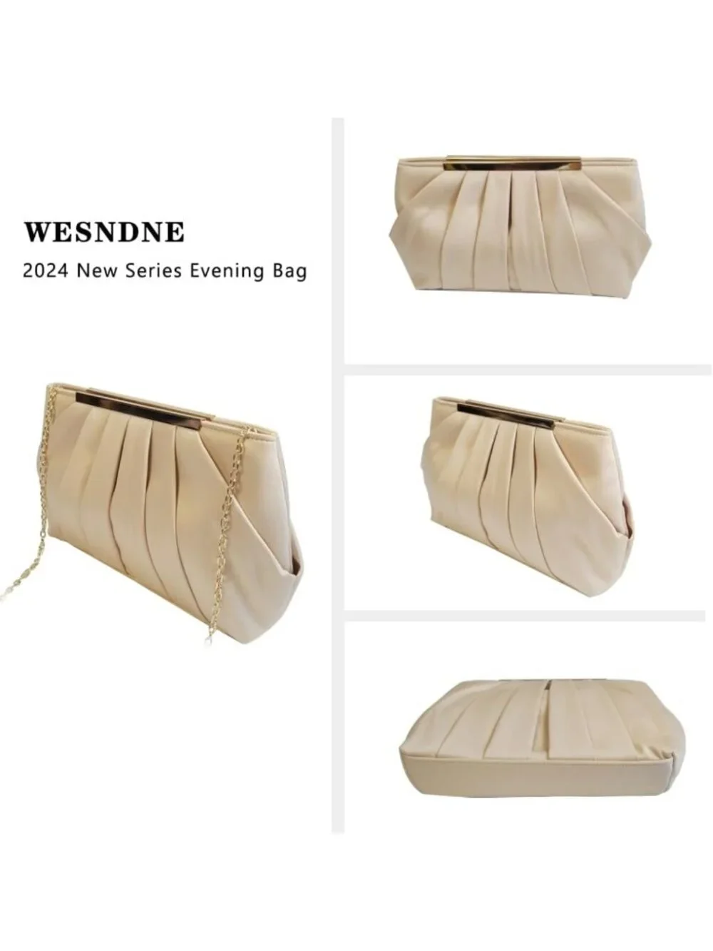 Elegant Evening Clutch Purse for Women, Detachable Chain Strap, Pleated Design